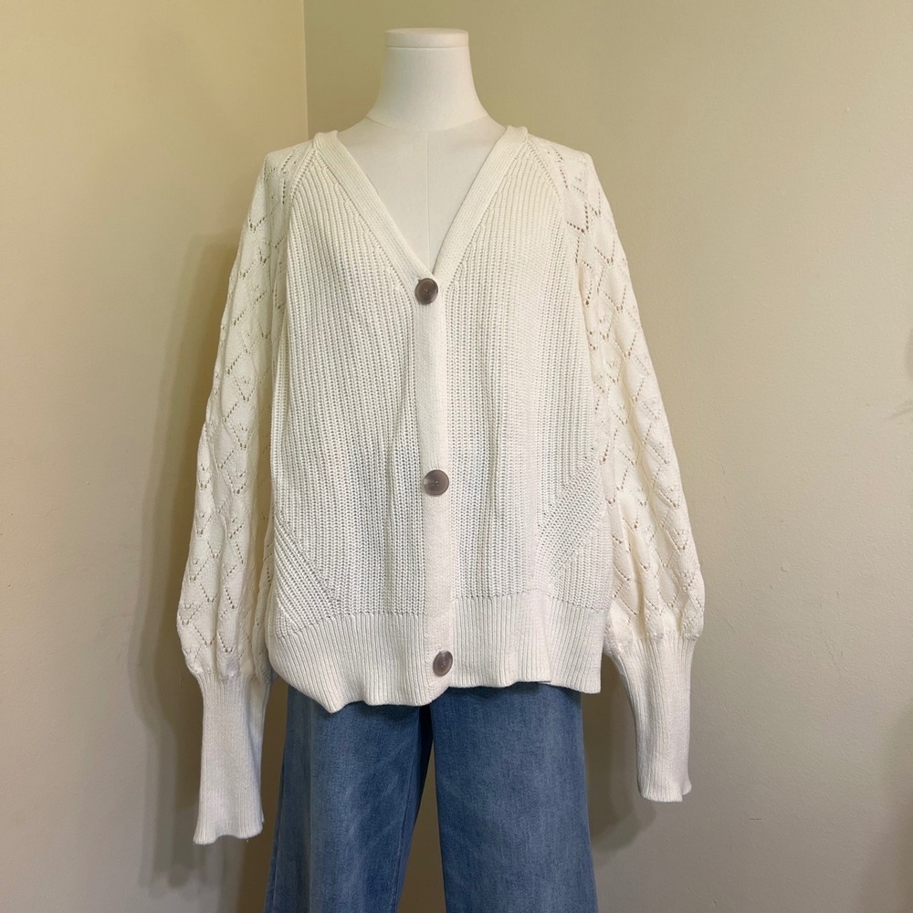 The Drop Womens White 100% Cotton Pointelle Puff Sleeve V-Neck Cardigan XXL